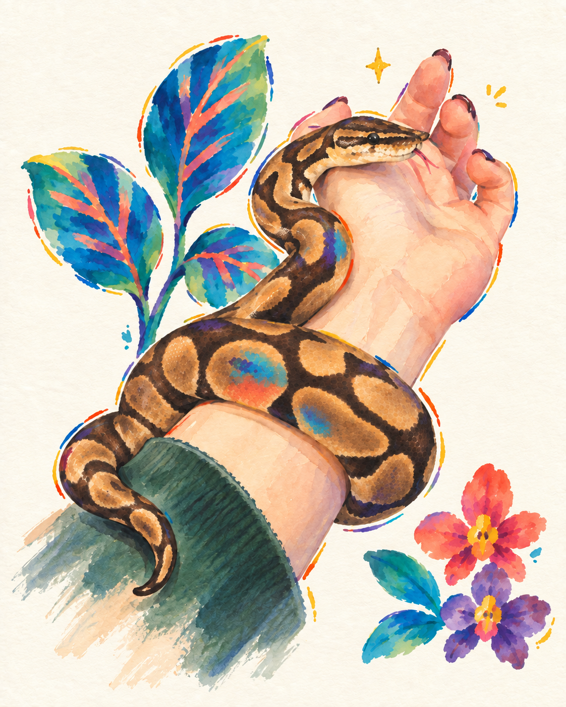 Colorful portrait of a ball python on an arm
