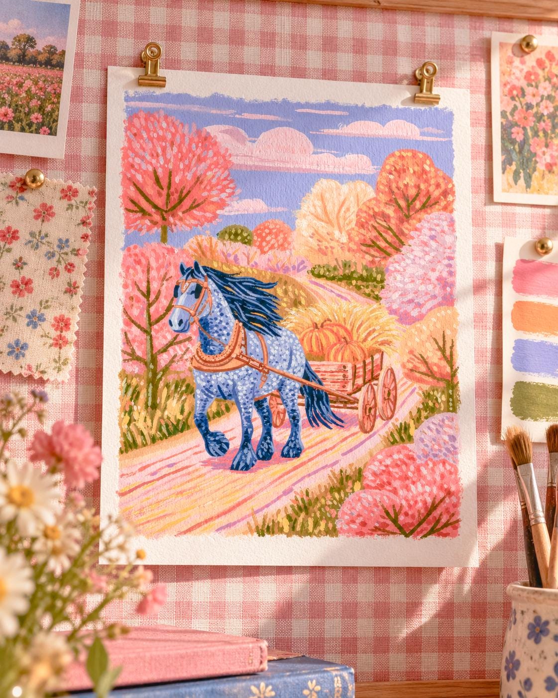 Golden Road: painting of a dapple-grey horse pulling a hay wagon down a golden road