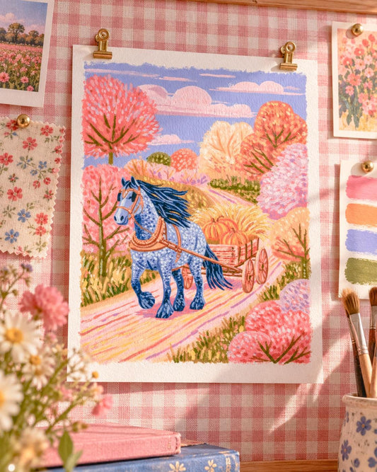 Golden Road: painting of a dapple-grey horse pulling a hay wagon down a golden road