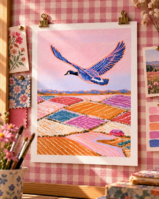 Patchwork Fields: painting of a goose flying over patchwork farm fields under a pink sky