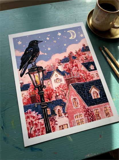 Dusk Crow | Crow on a Lamppost Art Print