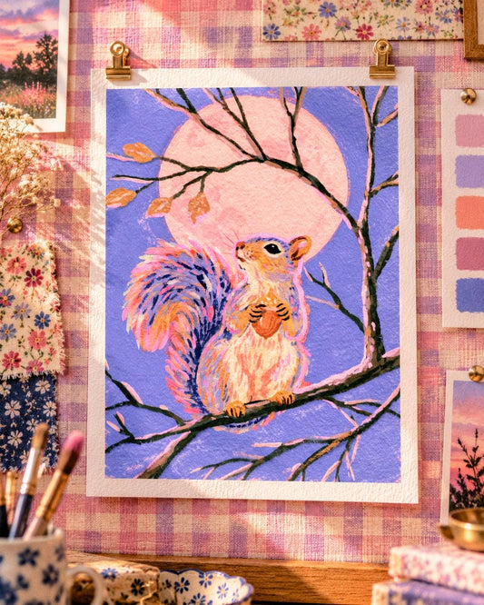 Lunar Squirrel: painting of a squirrel holding an acorn under a large pale pink moon