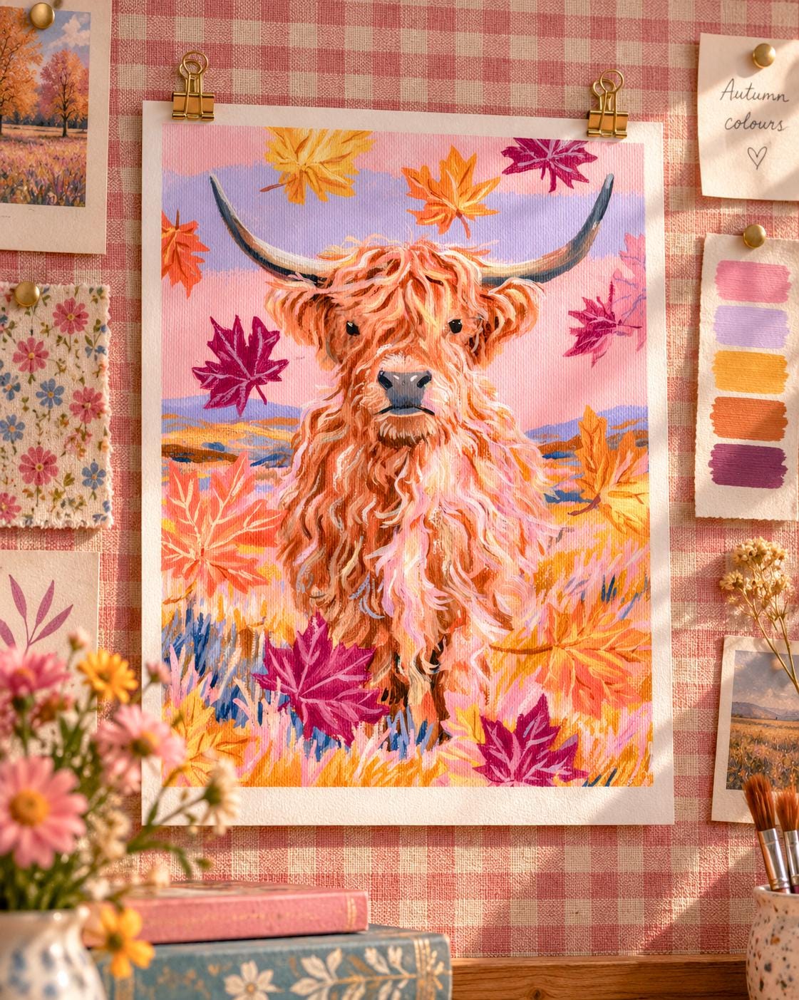 Autumn Highland: painting of a shaggy highland cow among falling maple leaves