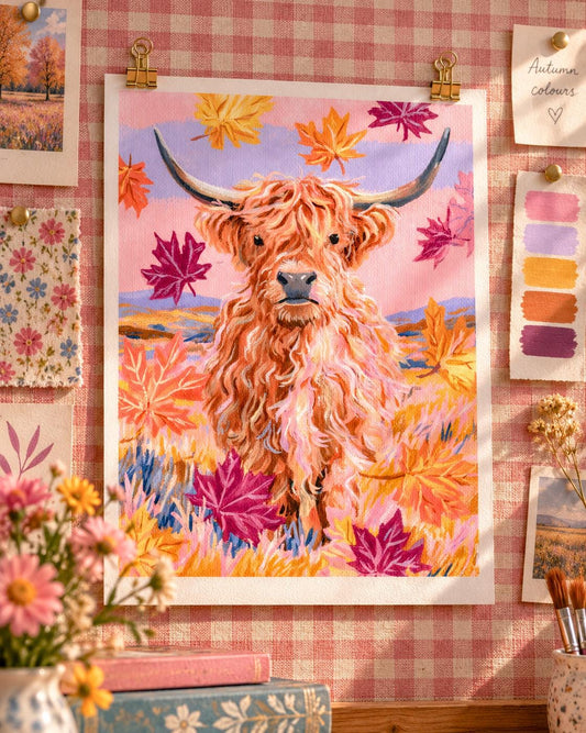 Autumn Highland: painting of a shaggy highland cow among falling maple leaves
