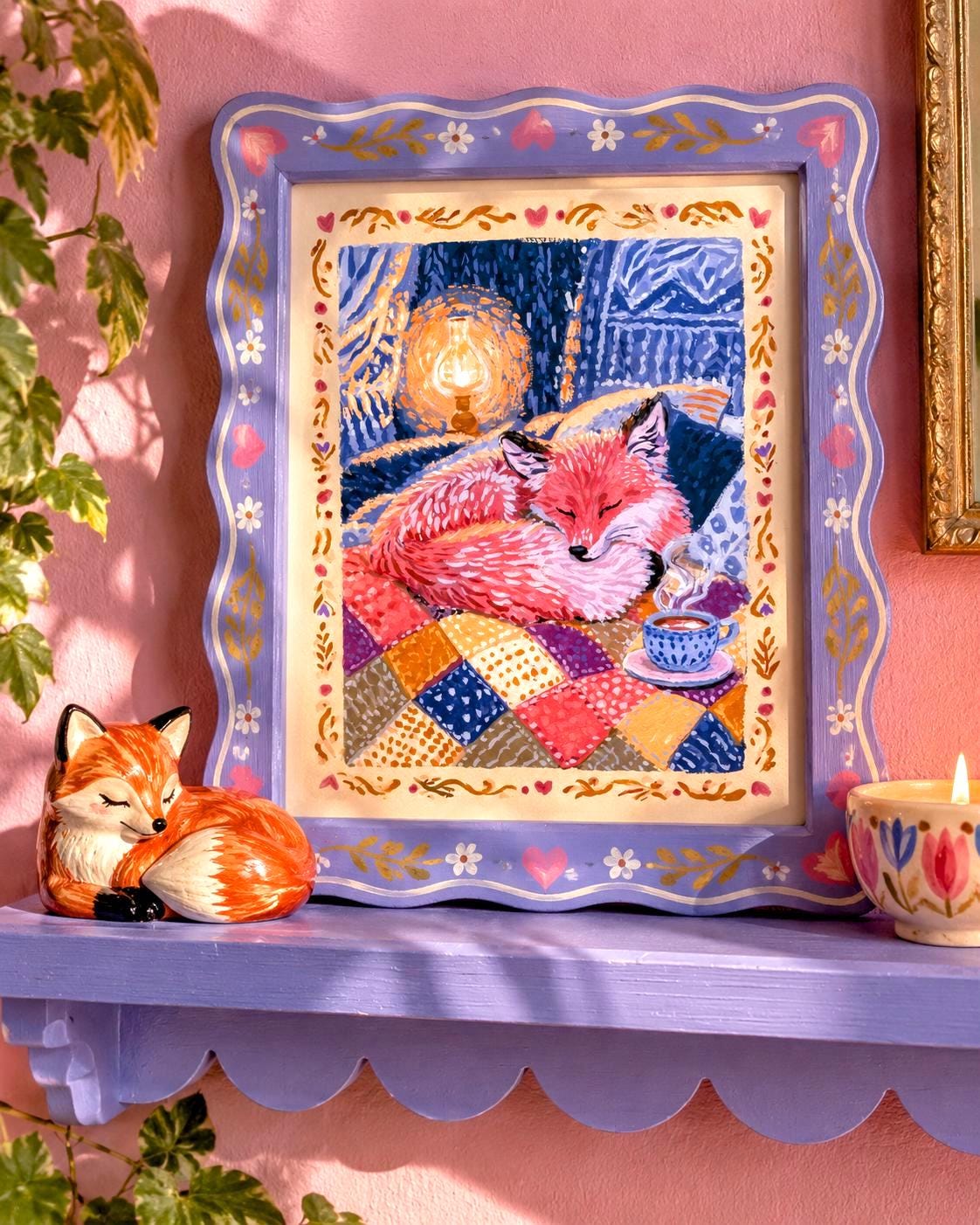 Sleepy Fox: painting of a red fox asleep on a patchwork quilt beside a lamp and teacup