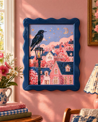 Dusk Crow: painting of a crow on a lamppost above a village at dusk