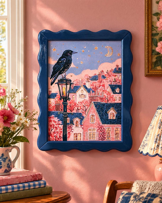 Dusk Crow: painting of a crow on a lamppost above a village at dusk