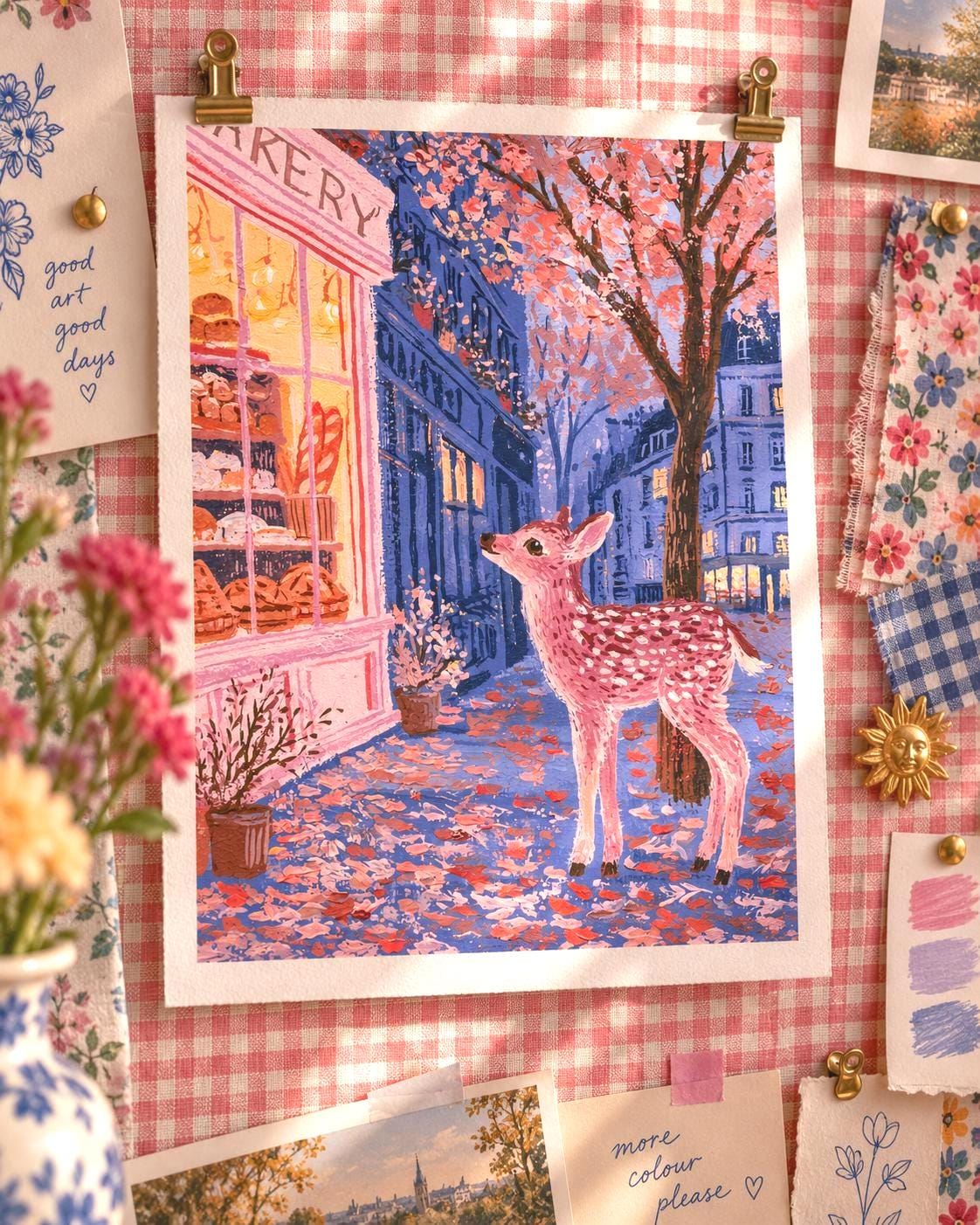 Fawn at the Bakery: painting of a spotted fawn outside a glowing bakery on an autumn street
