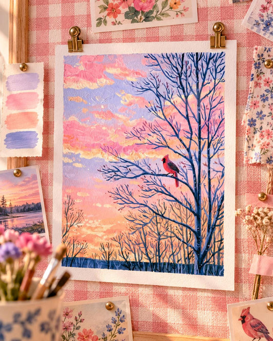 Winter Cardinal: painting of a red cardinal in a bare tree against a pink sunset sky
