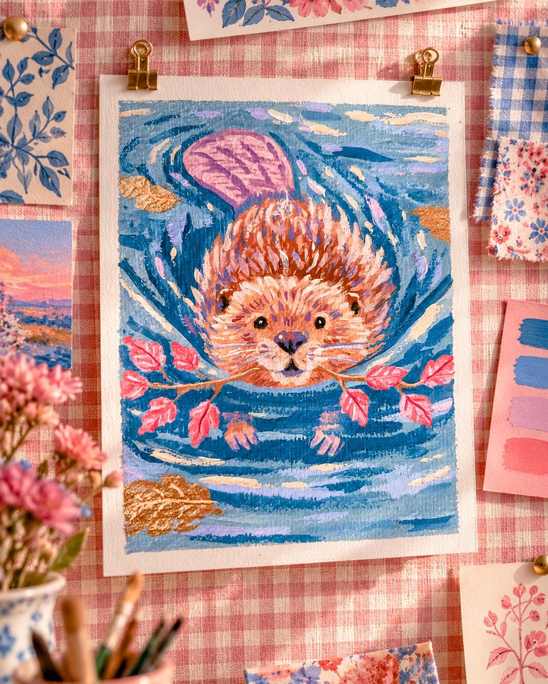 Little Builder: painting of a beaver swimming in swirling teal water with a leafy branch