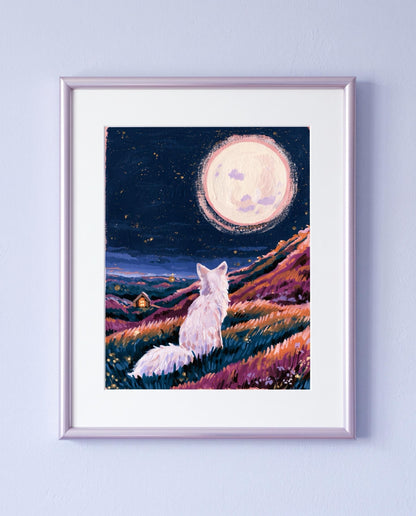 Moonwatch: painting of a white fox on a lavender hill watching a full moon