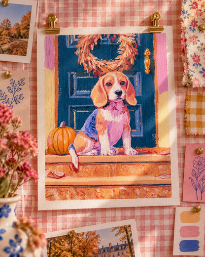 Autumn Beagle: painting of a beagle puppy on a porch step beside a pumpkin