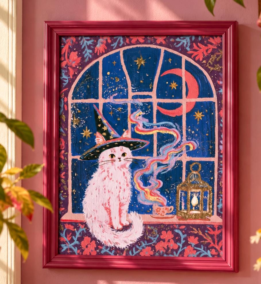 Midnight Tea: painting of a white witch cat in an arched window with rainbow steam from a teacup