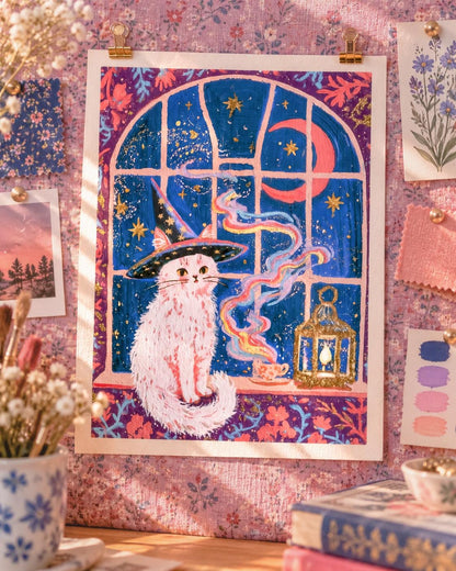 Midnight Tea | Witch Cat Art Print