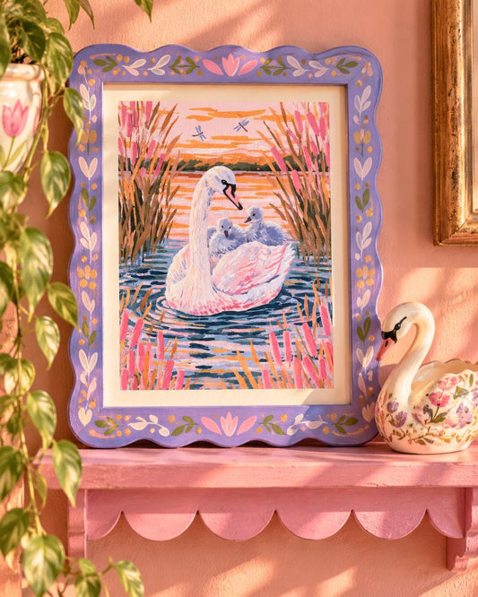 Still Water: painting of a swan with two cygnets on a pond at sunset