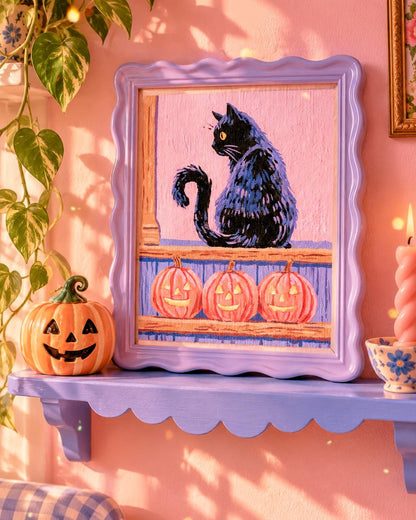 Little Shadow: painting of a black cat on a window ledge beside three glowing pumpkins