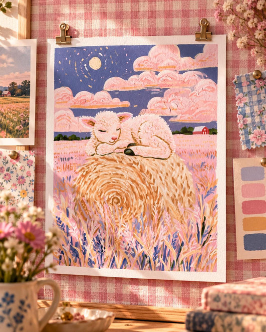 Hay Nap: painting of a white lamb asleep on a round hay bale under pink clouds